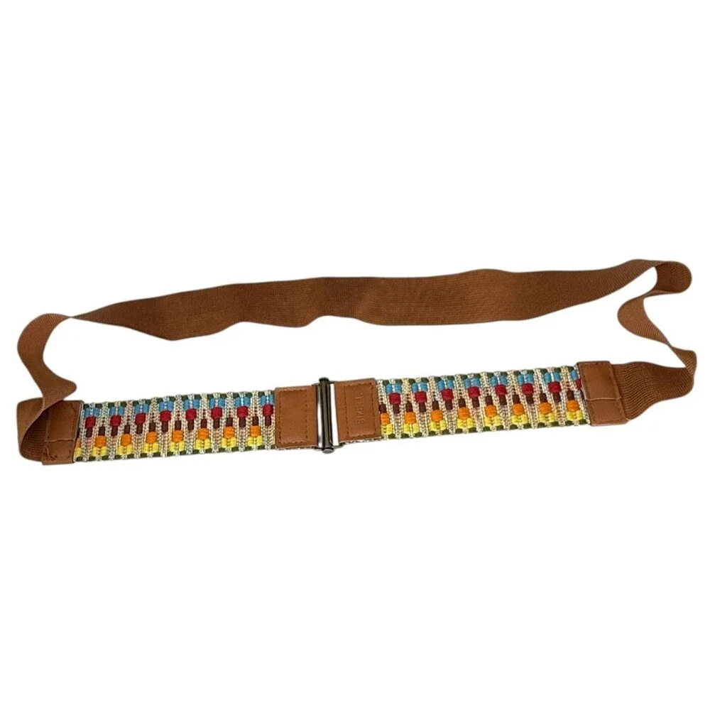 Embroidered Southwestern Rainbow Large Boho Belt Light Brown Hippie Granola Girl